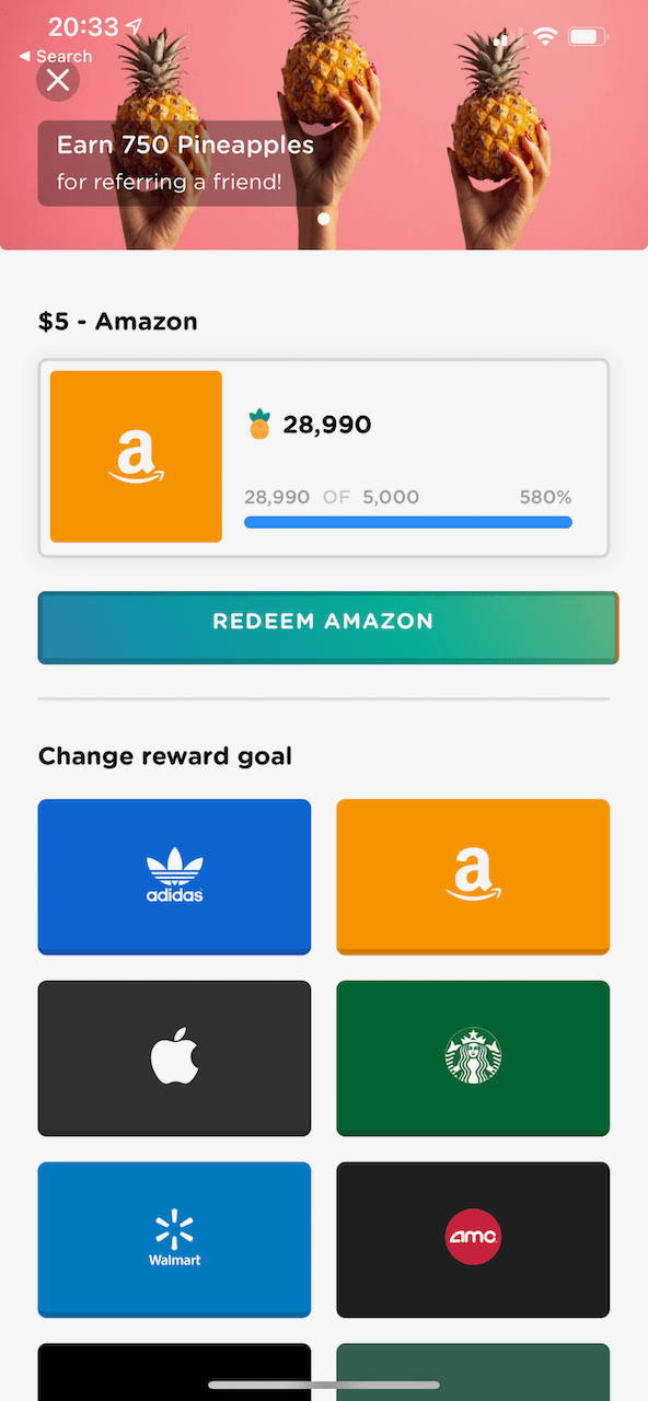 5,000 pineapples can be redeemed for a $5 Amazon gift card