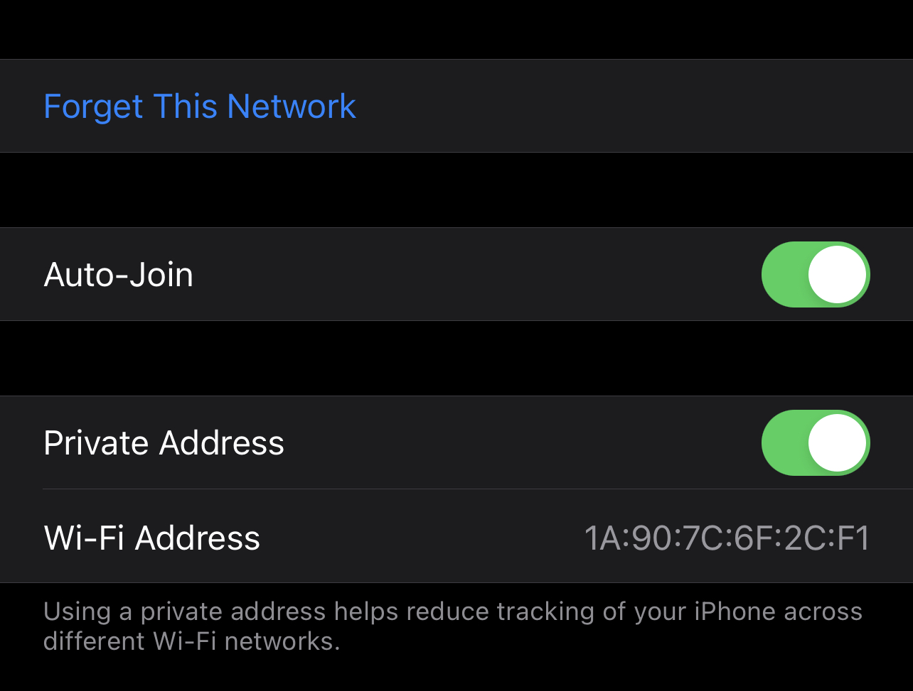 Screenshot of a WiFi settings page on iOS 14